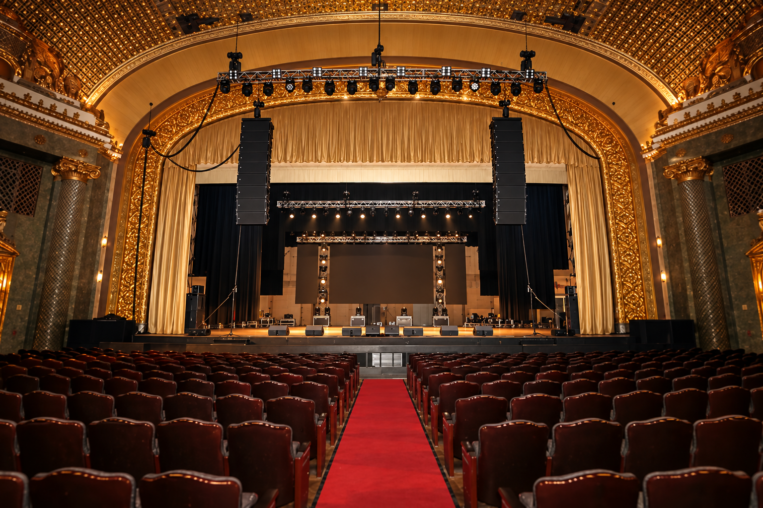 Newark Symphony Hall — wide center-aisle view of the stage, proscenium, lighting rig and speaker arrays