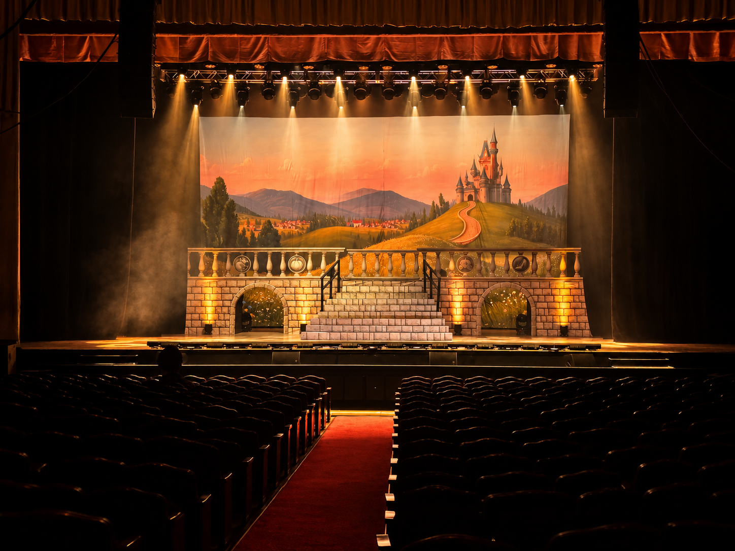 Newark Symphony Hall — wide center-aisle view of a scenic stage under warm lighting