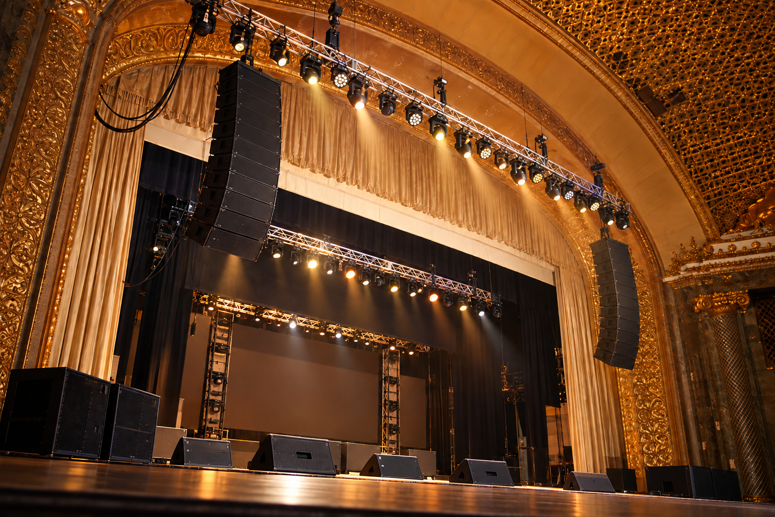 Newark Symphony Hall — stage-side view of the flown speaker arrays and overhead lighting