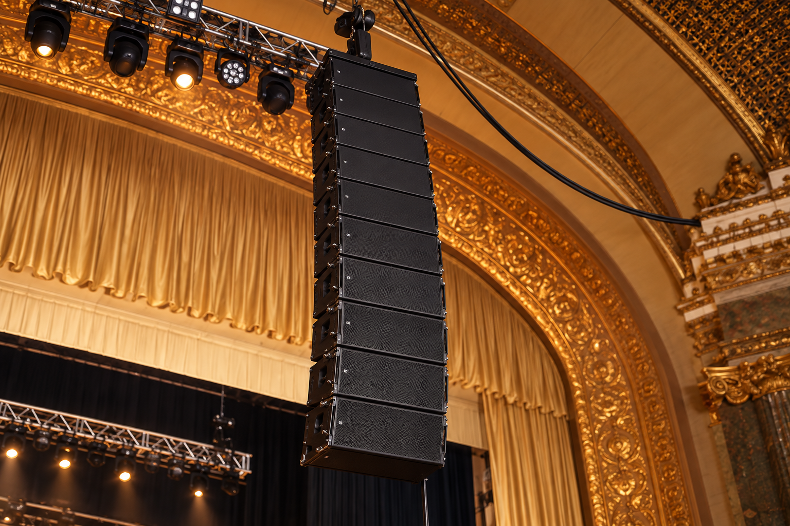 Newark Symphony Hall — close view of a flown speaker array beneath the ornate proscenium