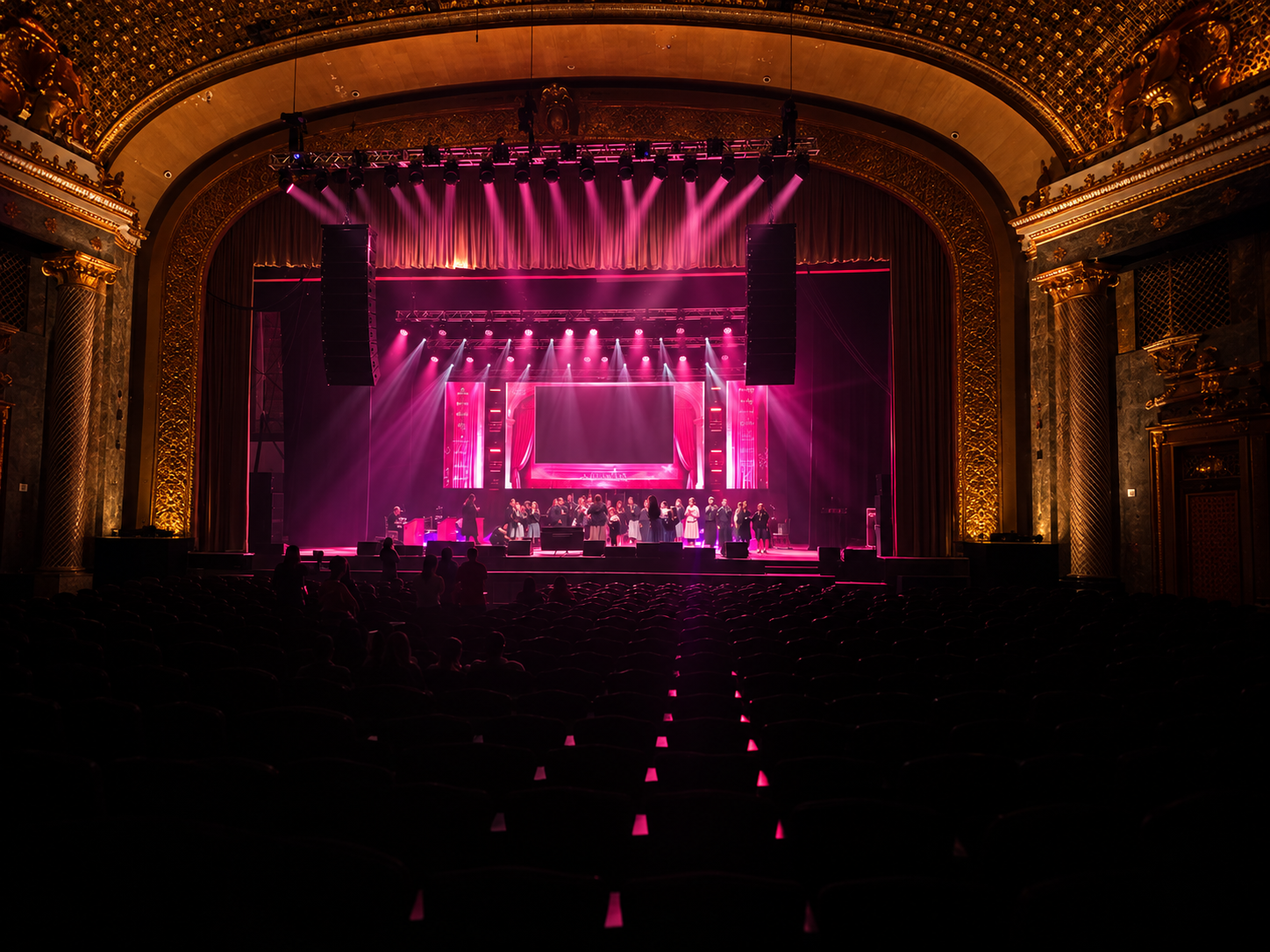 Newark Symphony Hall — stage and proscenium under a vivid pink lighting wash