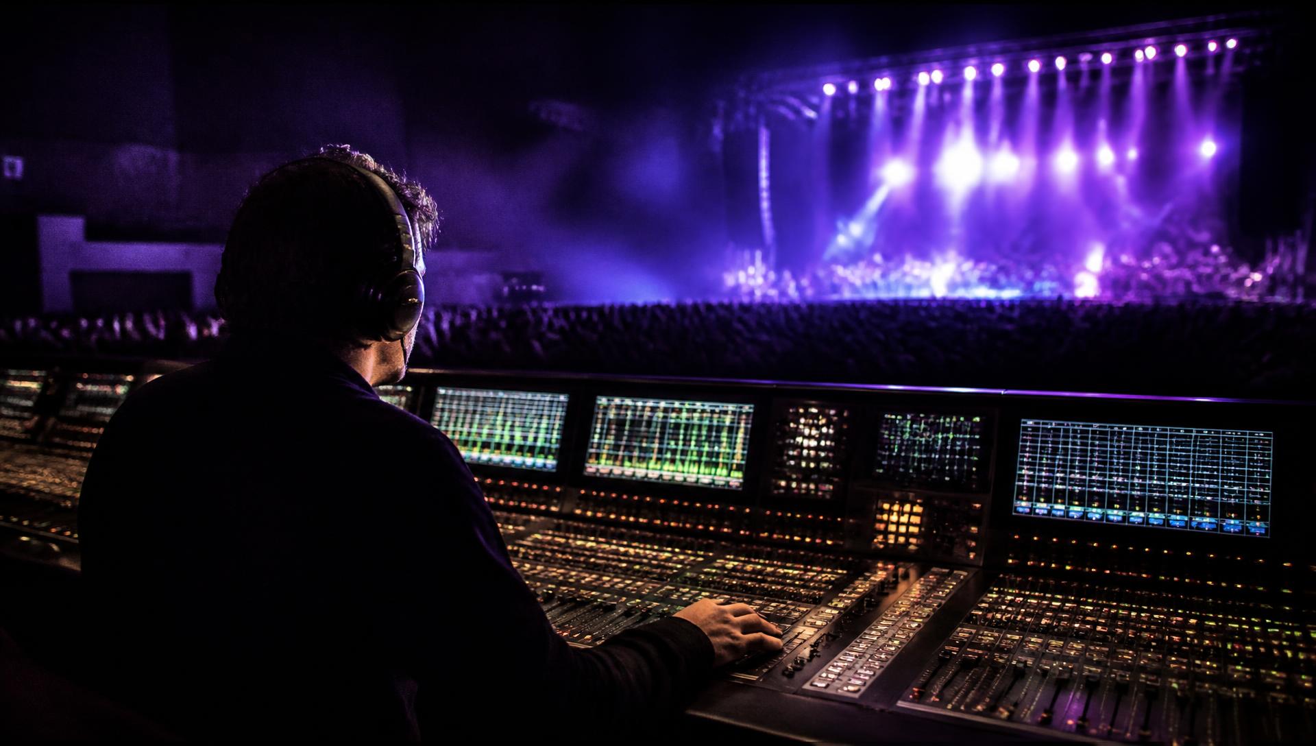 Digital audio mixing console at front of house