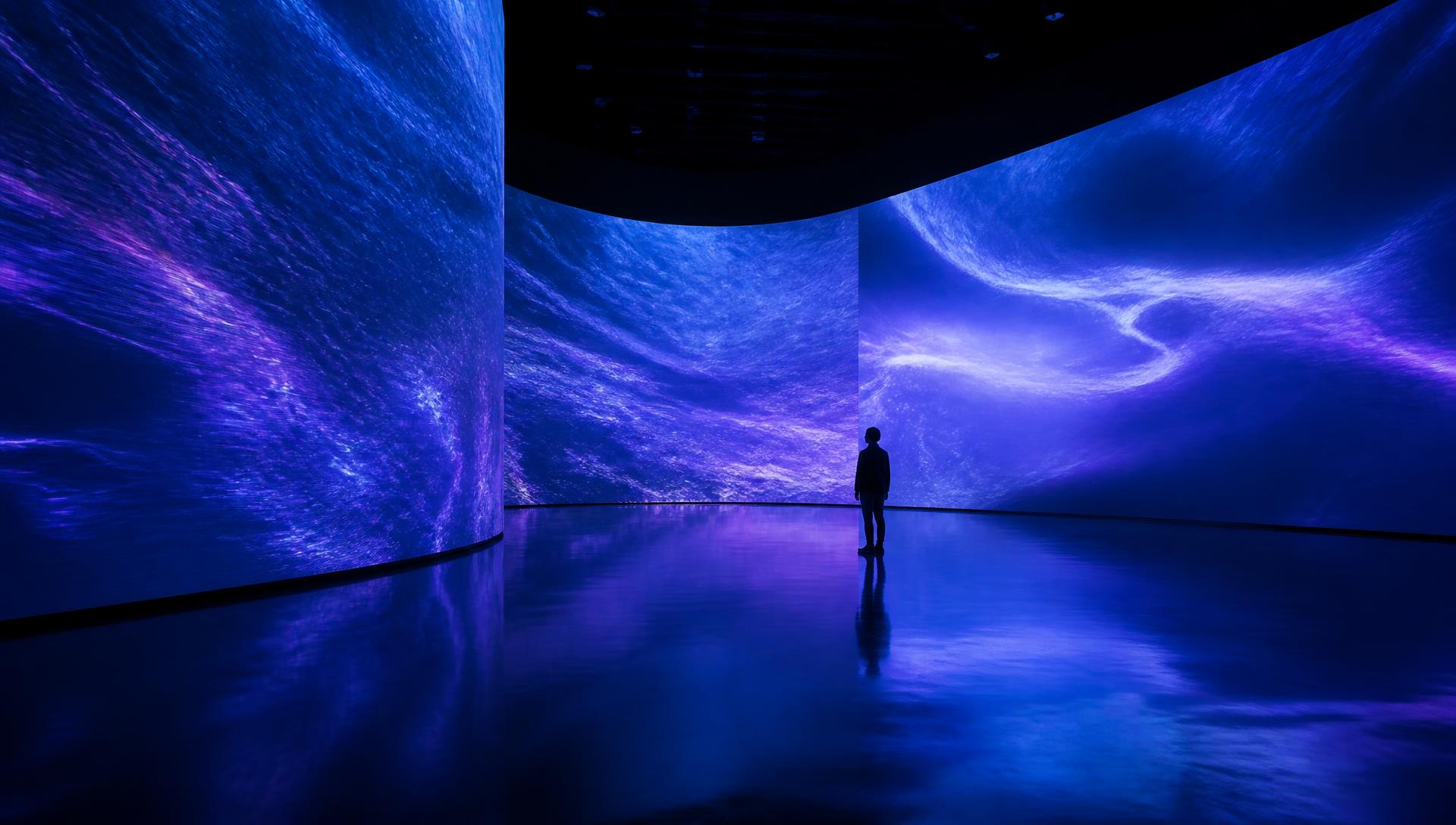 Person standing inside an immersive LED environment