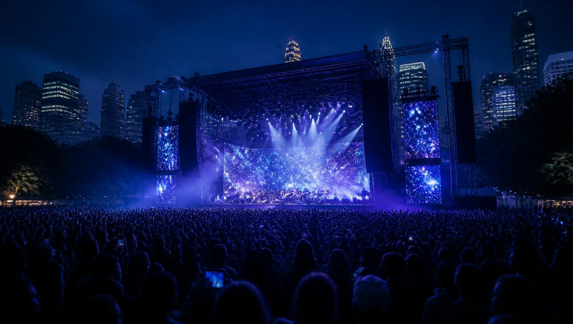 Large outdoor concert: festival staging, LED screens, concert lighting and a large audience
